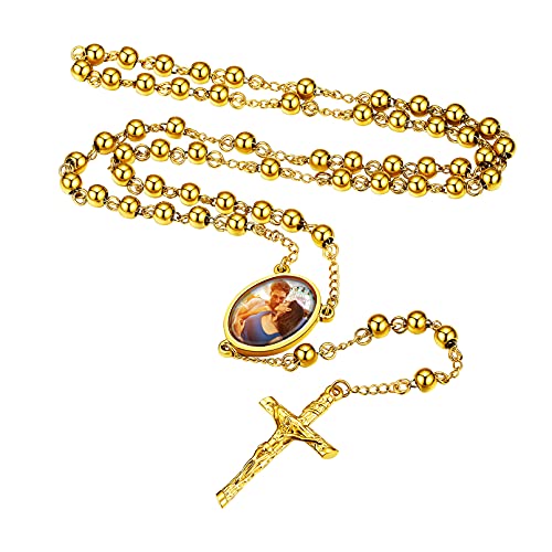 Custom4U Rosenkranz Halskette mit Wunsch-Motiven für Damen Herren 316L Edelstahl Jesus Kreuz Kugelkette 18K Vergoldet Auto Rosenkranz Kette 66cm+16cm Rosary Necklace von Custom4U