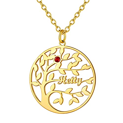 Custom4U Rund Lebensbaum Anhänger mit Namen Gravur Edelstahl Damen Frauen Namenskette mit Stammbaum des Lebens Familienbaum Anhänger mit Geburtsstein in Gold Schmuck Geschenk von Custom4U