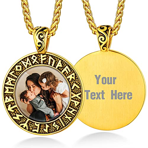 Custom4U Runde Lüne Zeichen Fotokette mit Eigener Bild Edelstahl Lüne Zeichen Anhänger mit Fotogravur und Textgravur Photo Bilder Amulett in Gold mit 55cm+5cm Kette für Damen Herren von Custom4U