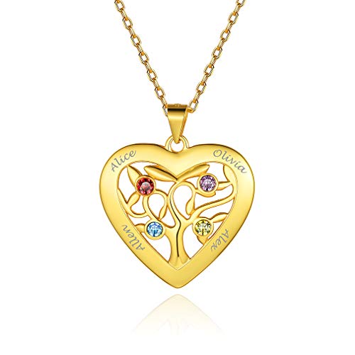 Custom4U Anpassbare Lebensbaum Anhänger Halskete Gold mit 4 Namen&Geburtsstein Gravur 925 Sterling Silber Frauen Familienbaum Halskette Gold für Oma/Mutter/Schwester von Custom4U