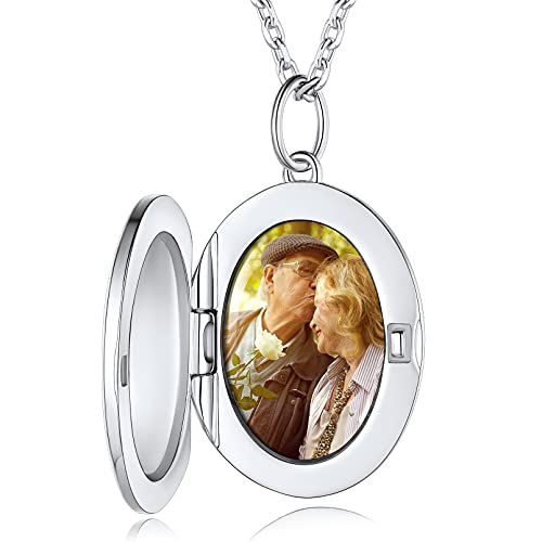 Custom4U Silber Ovale Fotobox-Anhänger Halskette mit Eingravierten Namen Benutzerdefinierte Foto Medaillon zum Öffnen Glücklich Amulett mit Bildgravur in Weißgold mit 56cm Kette für Paar Pärchen von Custom4U