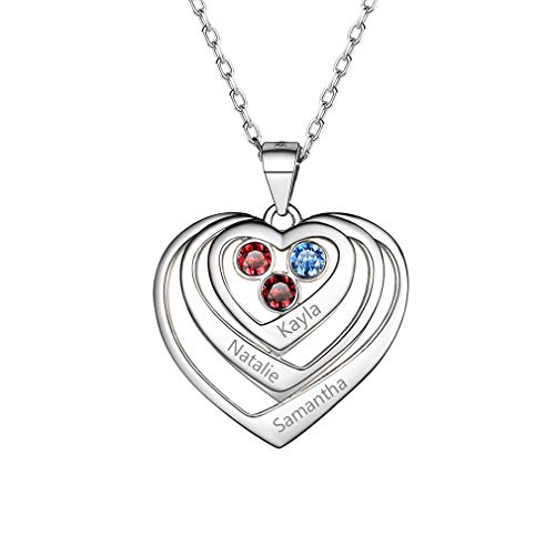 Custom4U Geburtsstein Damen S925 Silber Halskette Personalisierte Namenskette Mit 3 Wunschnamen Familienkette 45cm+5cm für Muttertag Valentinstag von Custom4U