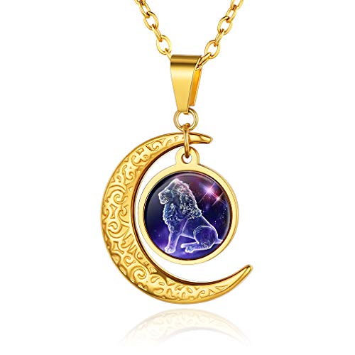 Custom4U Sternbild Halskette für Frauen Herren Löwe Crescent Moon 18K Vergoldet 12 Tierkreiszeichen Horoskop Sternbild 51CM+5CM von Custom4U