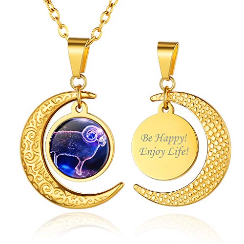 Custom4U Sternbild Halskette für Frauen Herren Widder Crescent Moon 18K Vergoldet 12 Tierkreiszeichen Anpassen Horoskop Sternbild 51CM+5CM von Custom4U