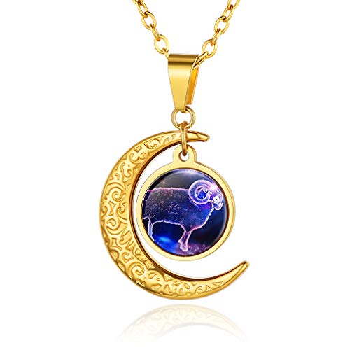 Custom4U Sternbild Halskette für Frauen Herren Widder Crescent Moon 18K Vergoldet 12 Tierkreiszeichen Horoskop Sternbild 51CM+5CM von Custom4U