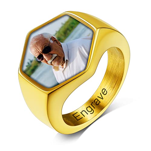 Custom4U Unisex Herren Damen Fingerring mit Fotogravur 18K Vergoldet Anpassbarer Fotoring Sechseckig Siegelring Foto Bandring Geschenke für Geburtstag Weihnachten Valentinstag von Custom4U