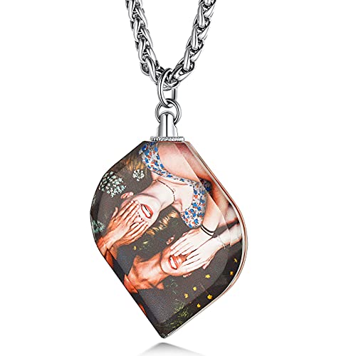 Custom4U Weidenförmiger Acryl Foto-Anhänger mit Fotogravur auf 2 Seiten Edelstahl Doppelseitiger Kundenspezifischer Foto Anhänger Bilder Amulett Halskette für 2 Fotos in Silber mit 55cm+5cm Kette von Custom4U