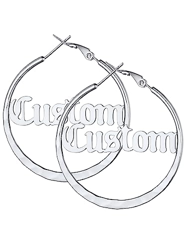 Edelstahl Hoop Kreis mit Personalisierte Namen Gravur Damen Ohrringe Silberfarbe Creolen Ohrringe mit Flachhammer Cut Durchmesser 40mm für Damen,Mädchen von Custom4U
