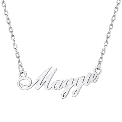 Custom4U Personalisierte Namen Halskette mit Namegravur Fashion Namenskette Silber mit Ihrem eigenen Namen Edelstahl Carrie Stil Damen Frauen Silberkette von Custom4U