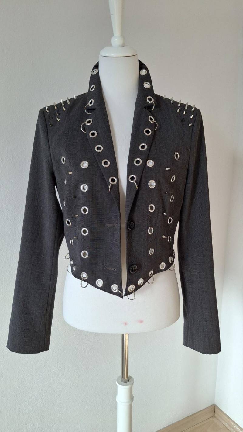 Women's Cropped Rock Style Blazer With Spikes & Eyelets - Runway Art Jacket By Alla Kovtun Punk Gothic Statement von AllaKovtun
