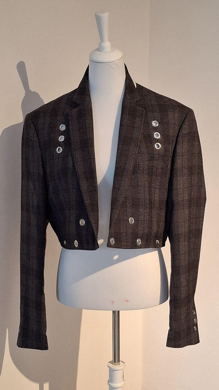 Unisex Cropped Blazer With Grommet Detailing | Runway Gothic Jacket Brown Plaid Punk Bolero Alternative Fashion von AllaKovtun