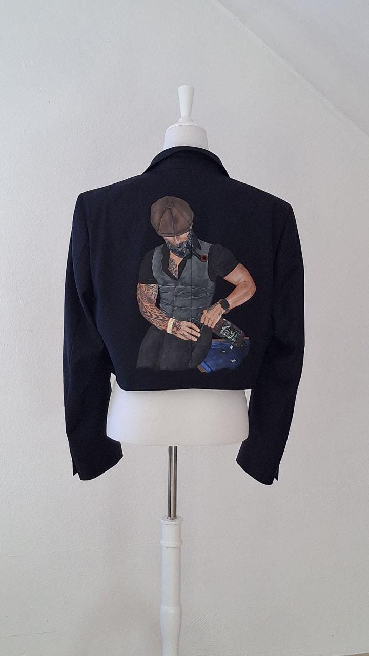 Hand Painted Cropped Blazer With Billiard Player Artwork | Unique Art Jacket Runway Statement Piece von AllaKovtun
