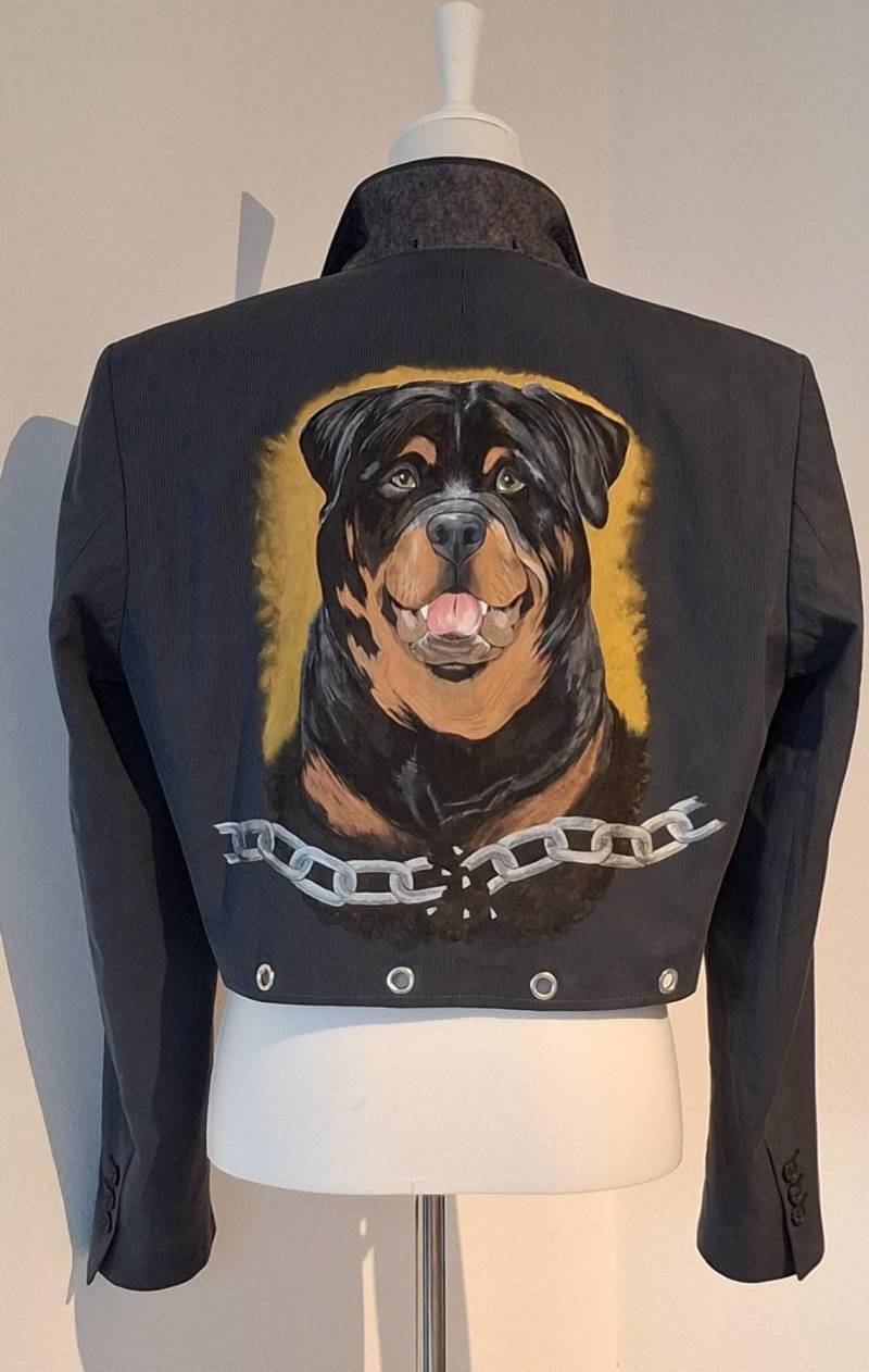 Rottweiler Hand Painted Blazer - Black Cropped Art Jacket By Alla Kovtun Unique Collectible Statement Piece von AllaKovtun