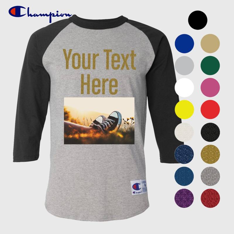Offizieller Champion Raglan Baseball T-Shirt, Personalisierter Text, Glitzer Sprüche, Personalisiertes T-Shirt von CustomApparelHouse