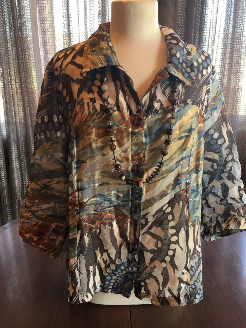 Custom Couture 1x Taupe Und Blaue Ausbrenner Bluse Mit Langer Brauner Multi Perlen Kette 1555K von CustomCoutureShop