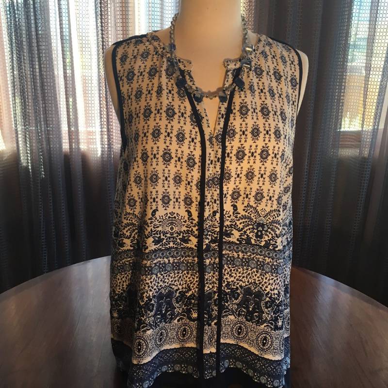 Custom Couture Xl Blau-Weiße Ärmellose Printbluse Mit Blauem Glas Halskette 1583 von CustomCoutureShop