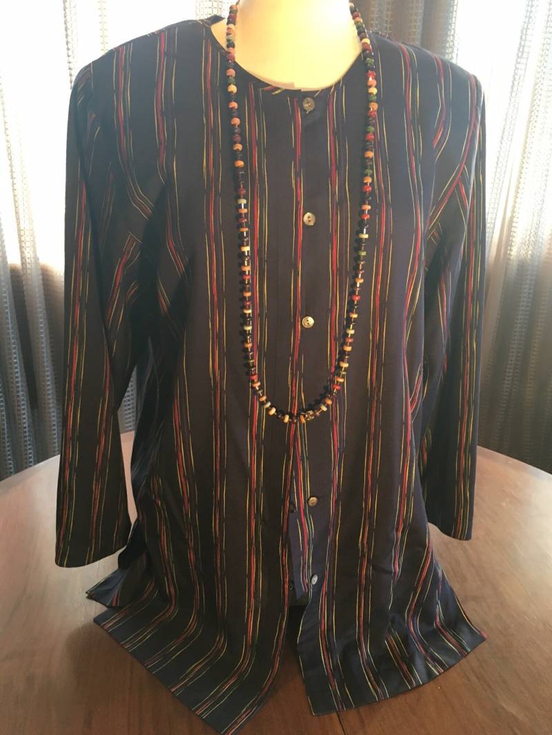 Custom Couture Xl Marine Gestreifte Seidentunika Mit Mehrfarbiger Langer Halskette 1598 von CustomCoutureShop