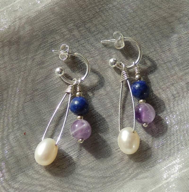 Lapis Lazuli, Amethyst, Sterling Silber Und Perle Ohrringe von CustomGemsbyMaggie