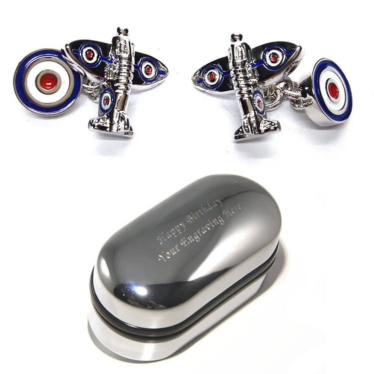 Doppel Endete Kettenart Spitfire Flugzeug Und Roundel Manschettenknöpfe & Gravierte Geschenk-Box | x2Aj113 - Raf Geschenke, Neuheit von CustomGiftCoUK