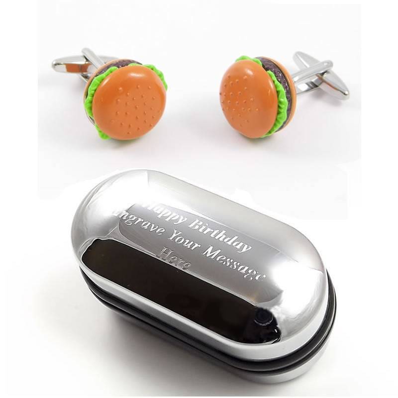 Farbige Burger, Neuheit Essen Manschettenknöpfe & Box Personalisierte Geschenk-Box | x2Psn191 - Graviert von CustomGiftCoUK