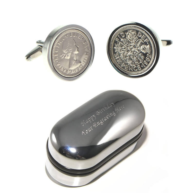 Glückliche Hochzeit Silberne Sixpence Manschettenknöpfe & Geschenk-Box | x2Lss - Glück Silber Graviert, Jubiläumsgeschenk, Neuheit von CustomGiftCoUK