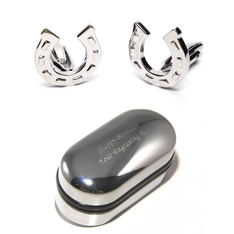 Glückshufeisen Manschettenknöpfe & Geschenkbox Mit Gravur | x2Psn017 - Neuartige Manschettenknöpfe, Personalisierte Manschettenknopfboxen von CustomGiftCoUK