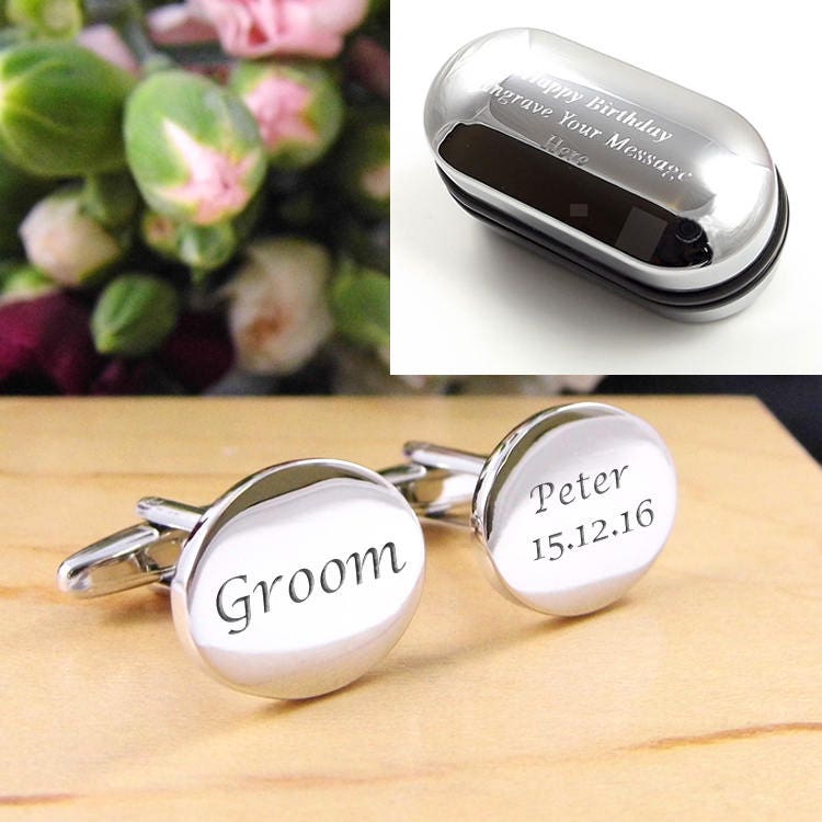 Herren Personalisierte Bräutigam Hochzeit Benutzerdefinierte Oval Graviert Manschettenknöpfe - Geschenk-Box von CustomGiftCoUK