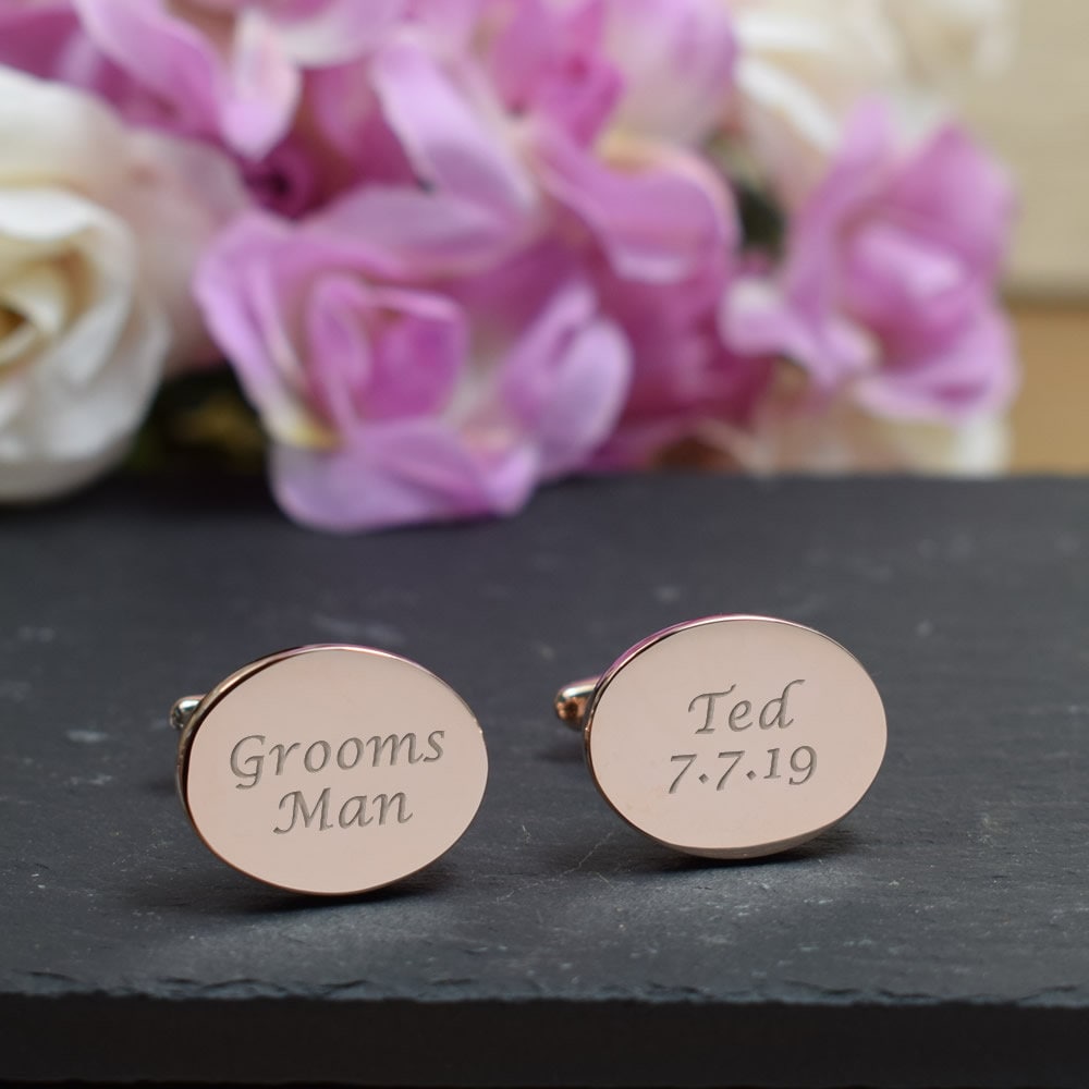 Herren Personalisierte Rose Gold Groomsman Hochzeitstag Custom Graviert Oval Manschettenknöpfe - Gravierte Geschenk-Box Erhältlich von CustomGiftCoUK