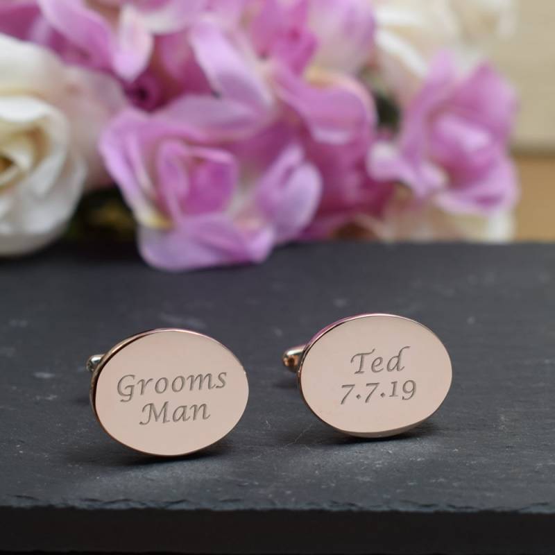 Herren Personalisierte Rose Gold Groomsman Hochzeitstag Custom Graviert Oval Manschettenknöpfe - Gravierte Geschenk-Box Erhältlich von CustomGiftCoUK