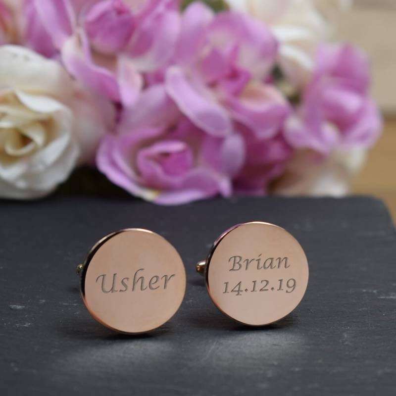 Herren Personalisierte Rose Gold Usher Hochzeitstag Benutzerdefinierte Graviert Runde Manschettenknöpfe - Gravierte Geschenk-Box Erhältlich von CustomGiftCoUK
