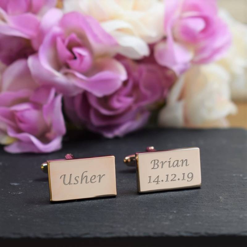 Herren Personalisierte Rose Gold Usher Hochzeitstag Benutzerdefinierte Gravierte Rectangle Manschettenknöpfe - Geschenk-Box Erhältlich von CustomGiftCoUK