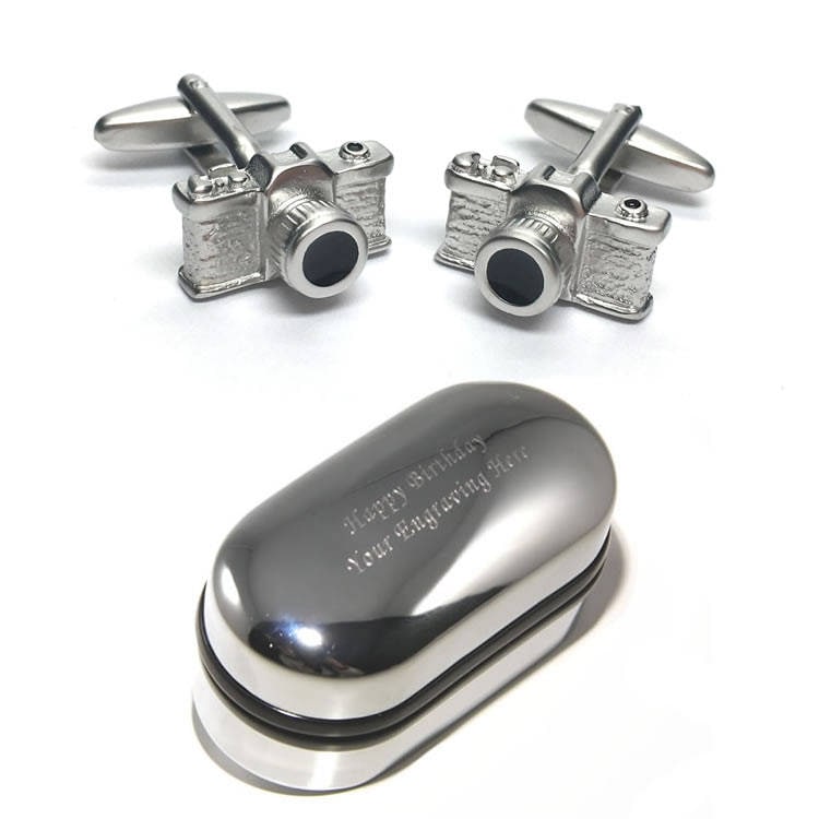 Hochzeit Chrom Kamera Fotograf Manschettenknöpfe Und Gravierte Geschenkbox | x2Psn078 - Geschenke, Neuheit Manschettenknöpfe, Personalisierte von CustomGiftCoUK