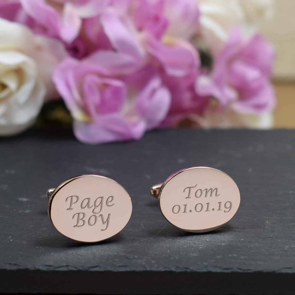 Mens Graviert Rose Gold Page Boy Hochzeitstag Custom Oval Manschettenknöpfe - Personalisierte Gravierte Geschenk-Box Erhältlich von CustomGiftCoUK