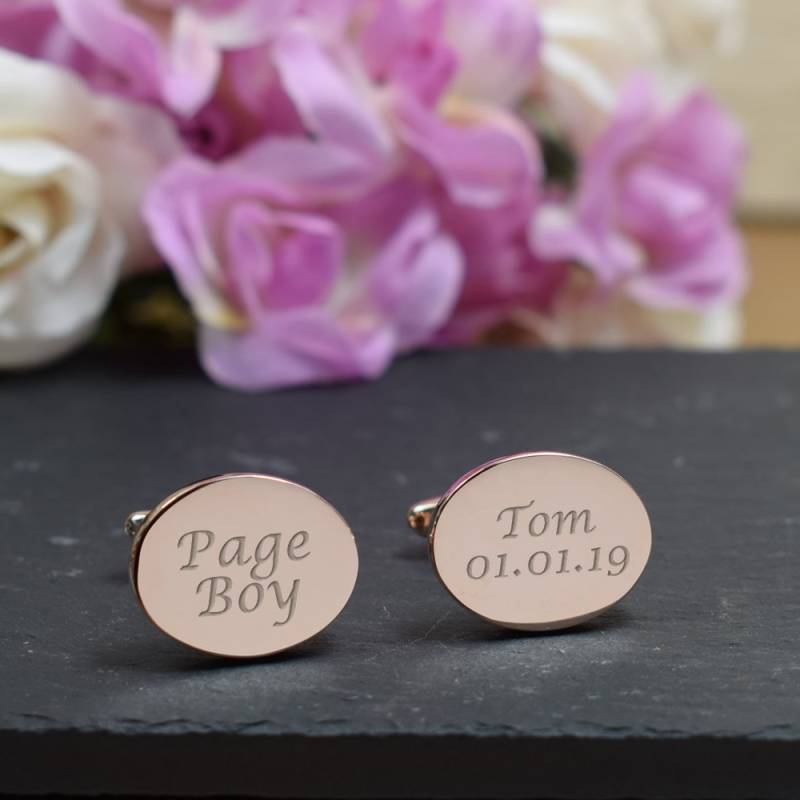 Mens Graviert Rose Gold Page Boy Hochzeitstag Custom Oval Manschettenknöpfe - Personalisierte Gravierte Geschenk-Box Erhältlich von CustomGiftCoUK