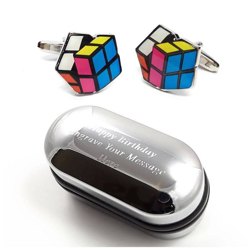 Retro-Rubix Cube Puzzle Manschettenknöpfe & Gravierte Geschenk-Box | x2Sj005 - Neuheit-Manschettenknöpfe, Schrulligen Manschettenknöpfe von CustomGiftCoUK