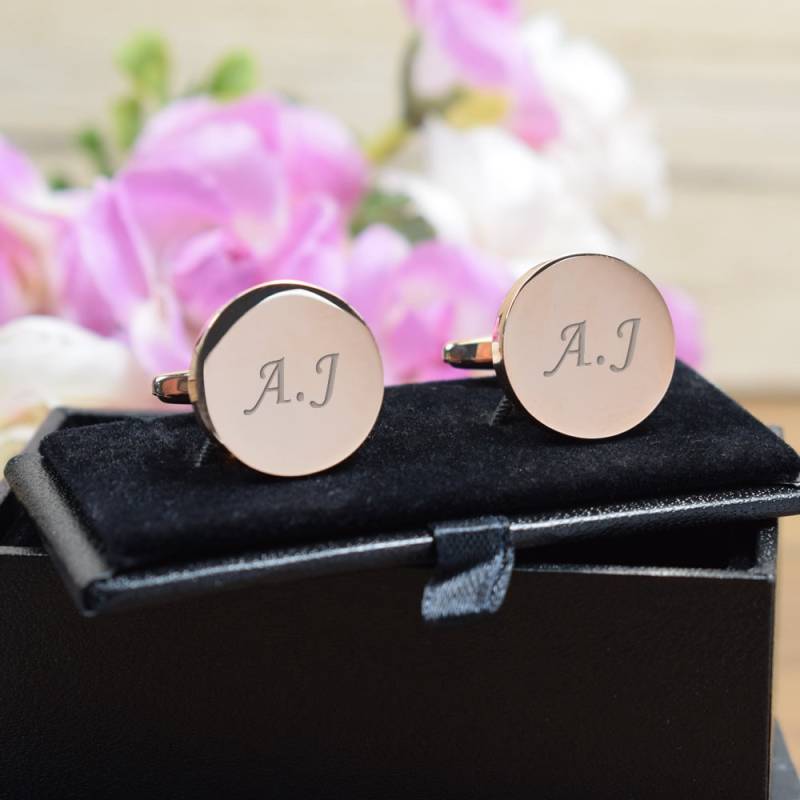 Rose Gold Personalisierte Graviert Erste Runde Manschettenknöpfe - Hochzeit Und Geburtstagsgeschenk Gravierte Geschenk-Box Erhältlich von CustomGiftCoUK