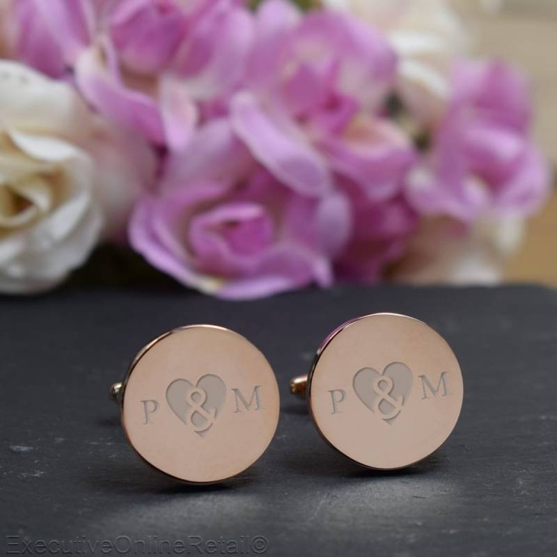 Rose Gold Personalisierte Graviert Herz Erste Runde Manschettenknöpfe - Hochzeitsgeschenk Gravierte Geschenk-Box Erhältlich von CustomGiftCoUK