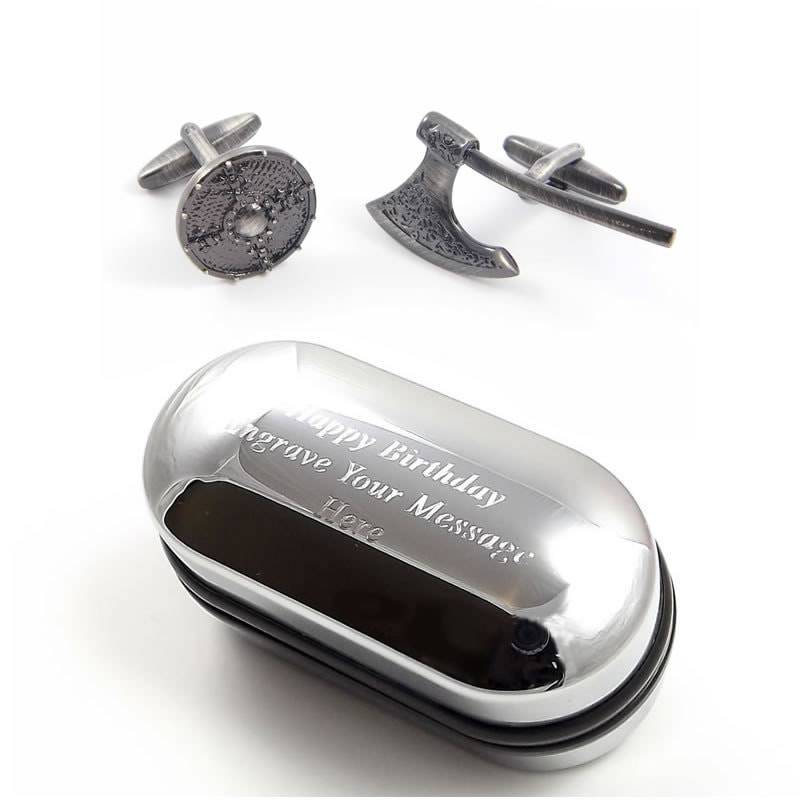 Wikinger Krieger Kampfaxt Und Schild Manschettenknöpfe & Gravurbox | x2Aj337 - Der Neuheit, Personalisiert von CustomGiftCoUK