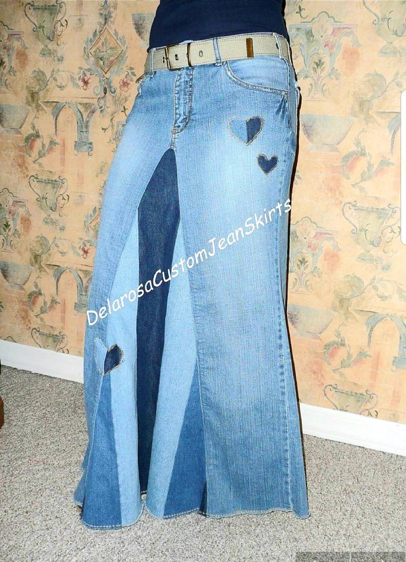 Delarosa Custom Classic Gestreifter Langer Baumwollrock Mit Blumen - Oder Herz-Detail in Ihrer Größe 1-2-4-6-8-10-12-14-16-18-20-22-24-26 von CustomJeanSkirts