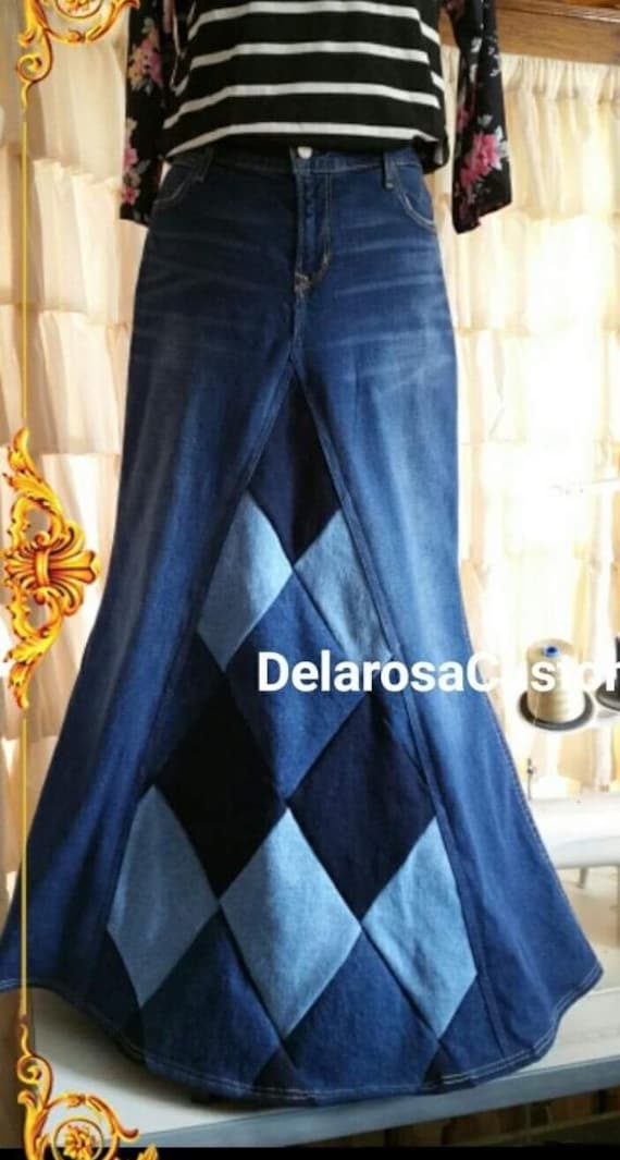 Delarosa Diamant Patchwork Langer Jeansrock Benutzerdefinierte Ihre Größe Wählen Sie Und Länge von CustomJeanSkirts