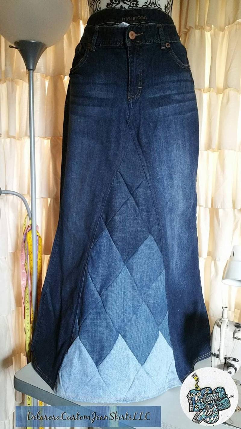 Delarosa Ombre Diamond Delight Patchwork Langer Jeansrock Benutzerdefinierte Ihre Größe Wählen Sie Und Länge von CustomJeanSkirts