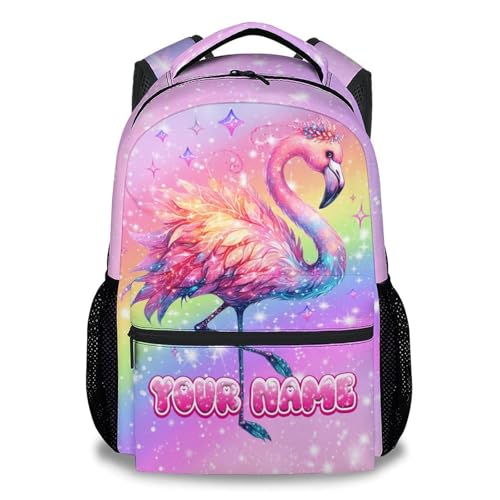 CustomWish Personalisierter Kinder-Rucksack Flamingo – Schulrucksack für Mädchen mit Namen, 43 cm leichter Regenbogen-Rucksack mit verstellbaren Trägern von CustomWish