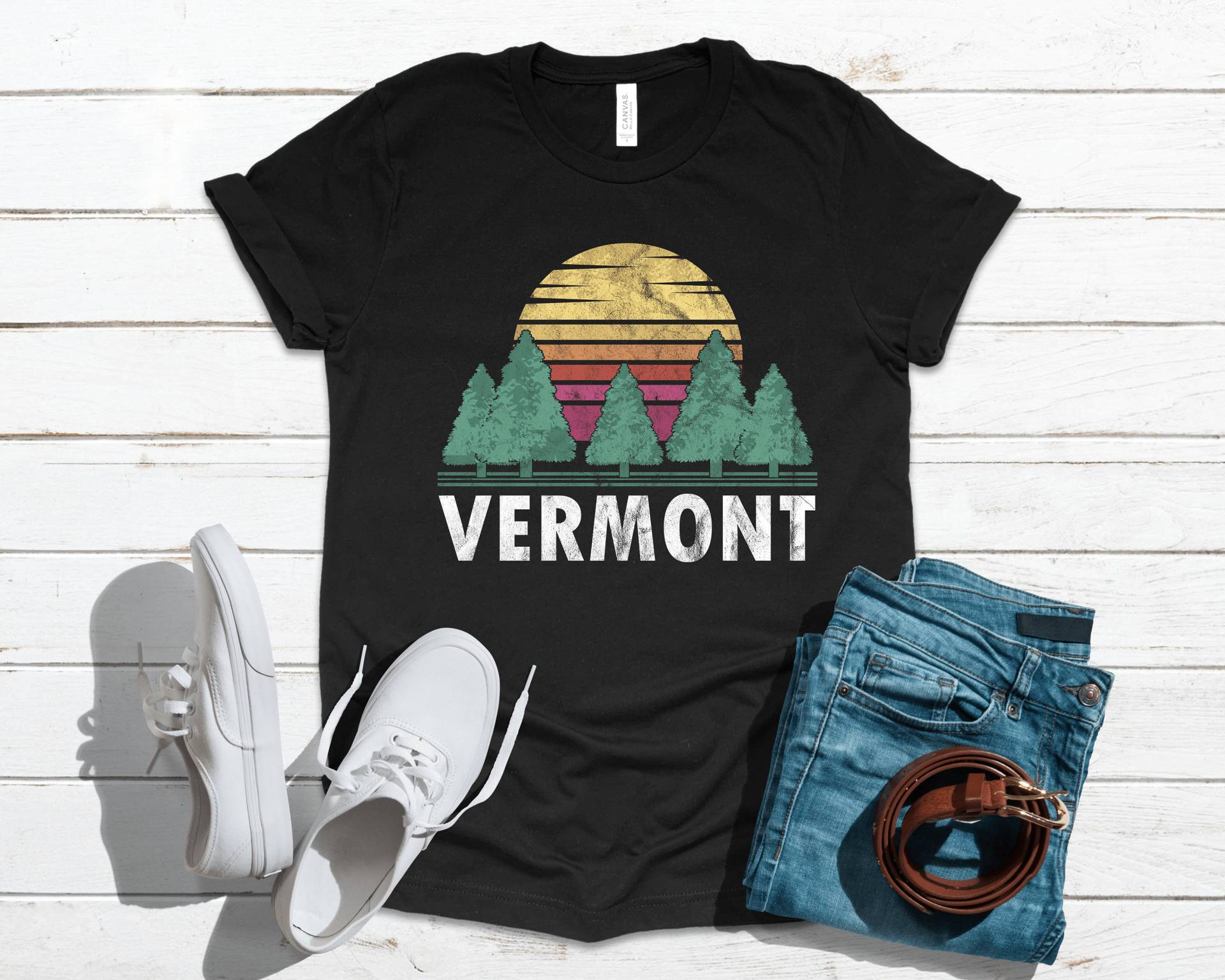 Vermont Wald Retro Bäume | T-Shirt Tank-Top Hoodie Sweatshirt Lange Ärmel Bekleidung Geschenk von CustummMerch