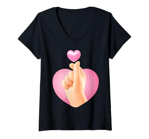 Damen Niedliches 3D-Fingerherz, lustiges Unisex-Design für Männer und Frauen T-Shirt mit V-Ausschnitt von Cute 3D Finger Heart Funny Unisex Design For Tee