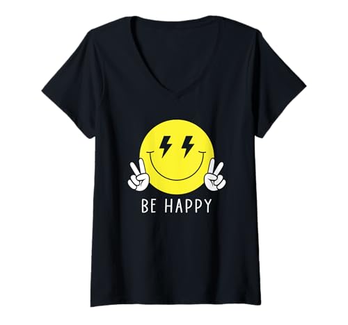 Damen Be Happy Lightning Eyes Peace Hand Gelbes Lächeln Gesicht Hippie T-Shirt mit V-Ausschnitt von Cute 80s Smile Happy Tee