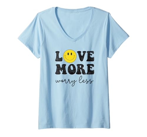 Damen Love More Sorgt Weniger Retro Smile Face Happy Face Positive T-Shirt mit V-Ausschnitt von Cute 80s Smile Happy Tee