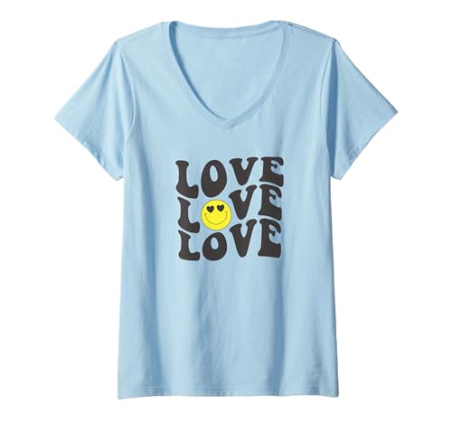 Damen Love Yellow Smile Smiling Face Heart Eyes Retro Groovy 70er Jahre T-Shirt mit V-Ausschnitt von Cute 80s Smile Happy Tee