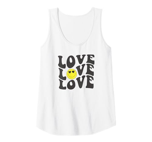 Damen Love Yellow Smile Smiling Face Heart Eyes Retro Groovy 70er Jahre Tank Top von Cute 80s Smile Happy Tee