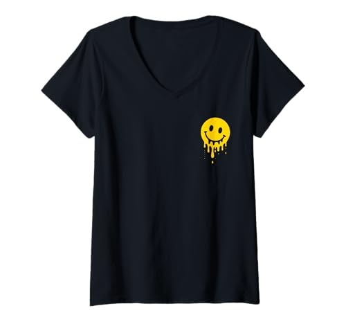Damen Melting Yellow Smile Face Melted Dripping Happy Face für Kinder T-Shirt mit V-Ausschnitt von Cute 80s Smile Happy Tee