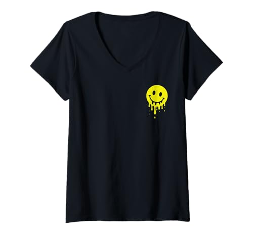 Damen Melting Yellow Smile Face Melted Dripping Happy Face für Kinder T-Shirt mit V-Ausschnitt von Cute 80s Smile Happy Tee